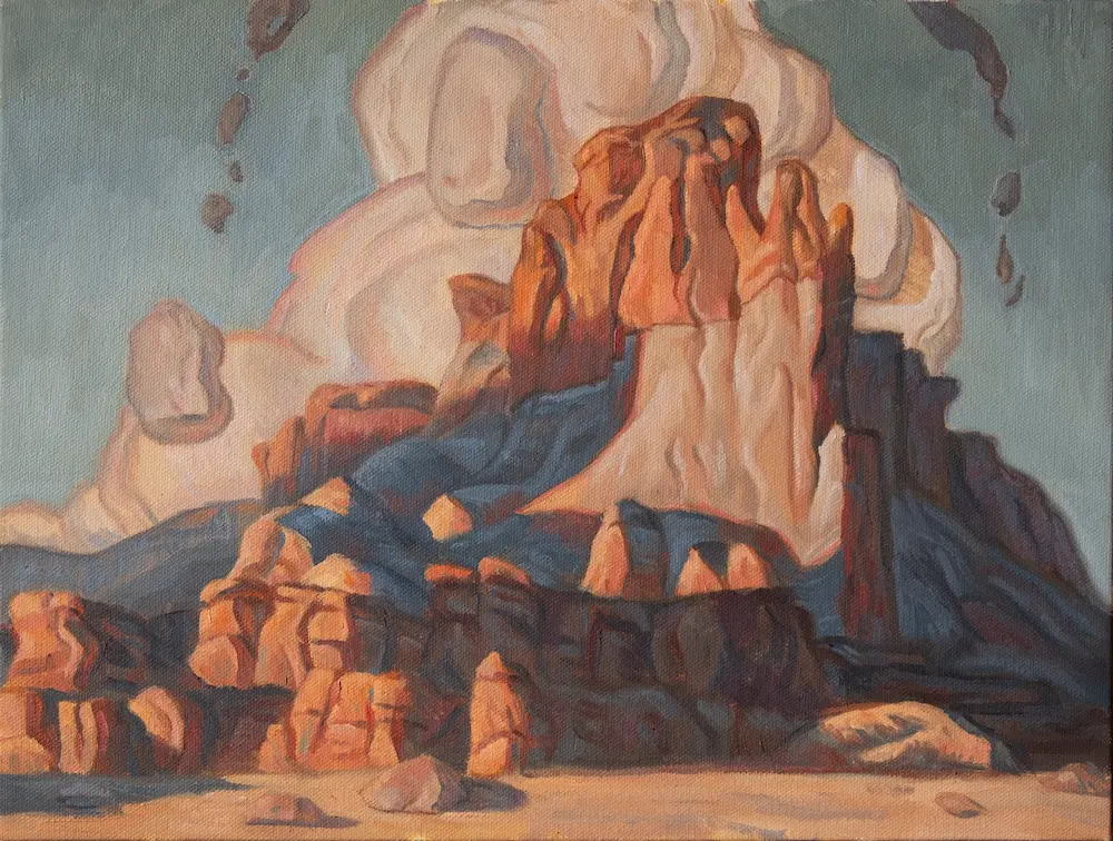 Painting of red rock cliffs with billowing clouds in the background.