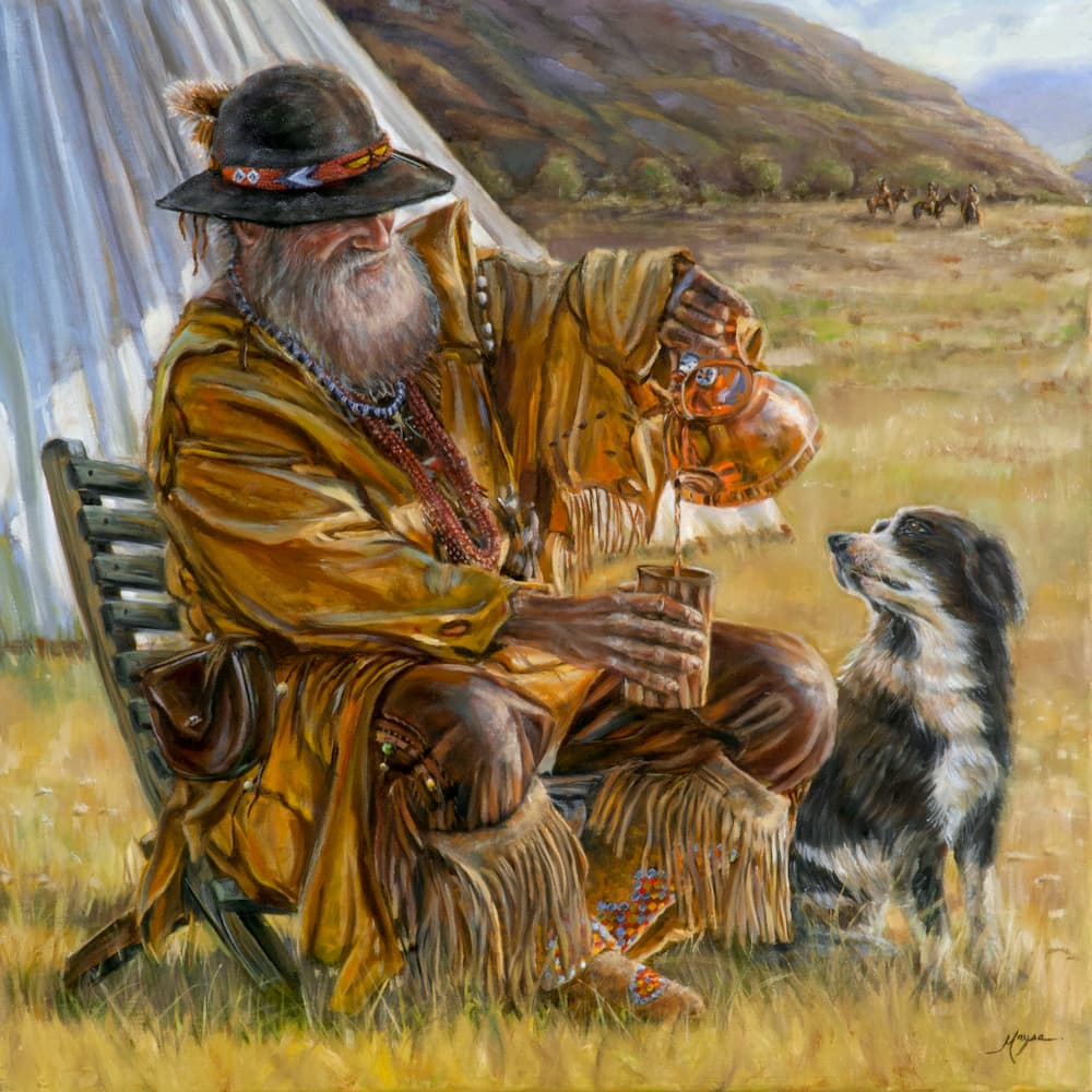Painting of a buckskin-clad mountain man pouring a drink while seated outdoors, with a dog beside him and open prairie in the background