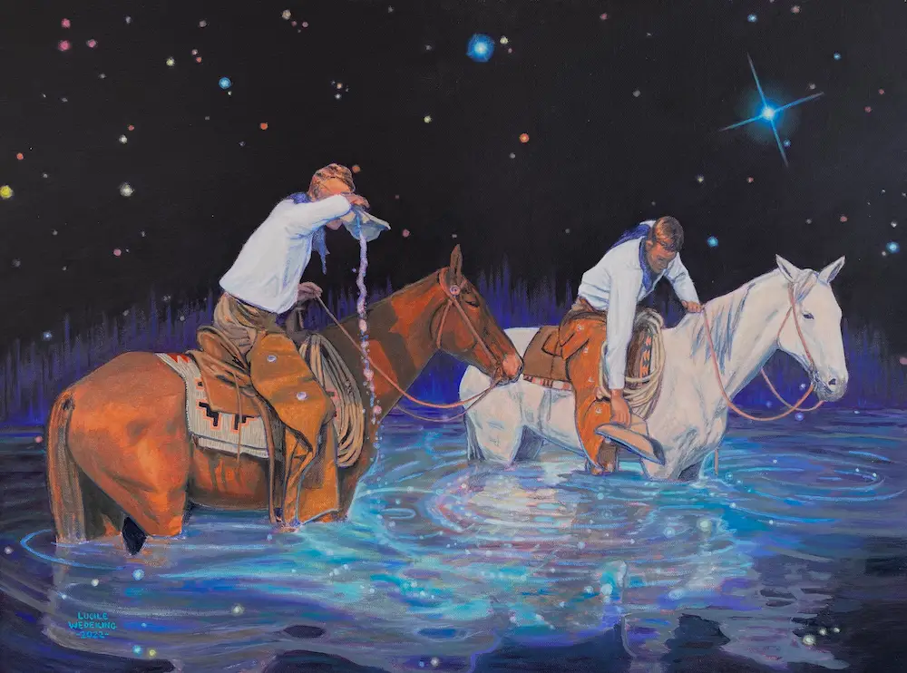 Two cowboys on horseback wading in a pool that reflects the night sky and looks like a galaxy