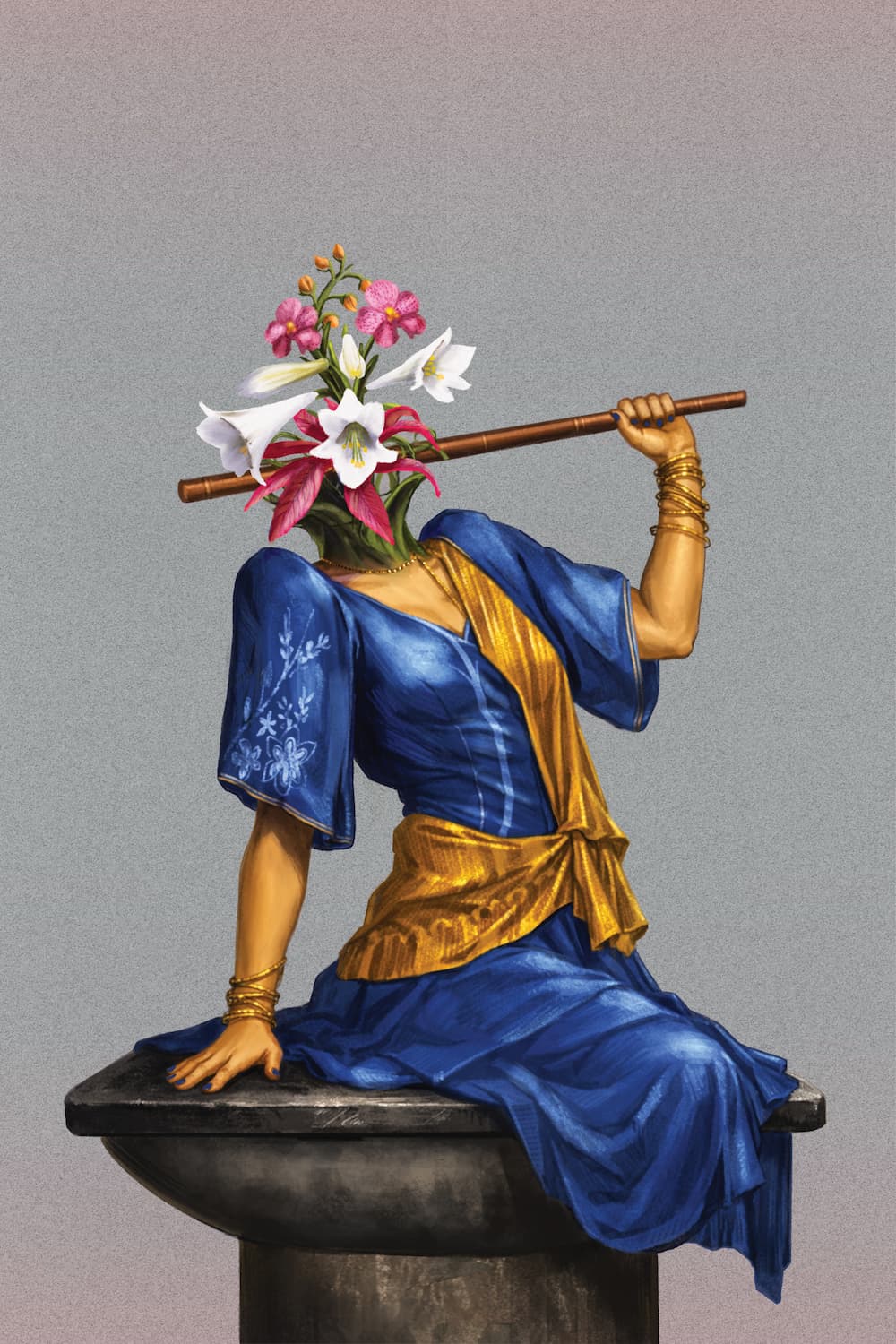 Original art by Craig Ludwick portraying a bust of a woman wearing a blue robe with flowers growing in place of her head.
