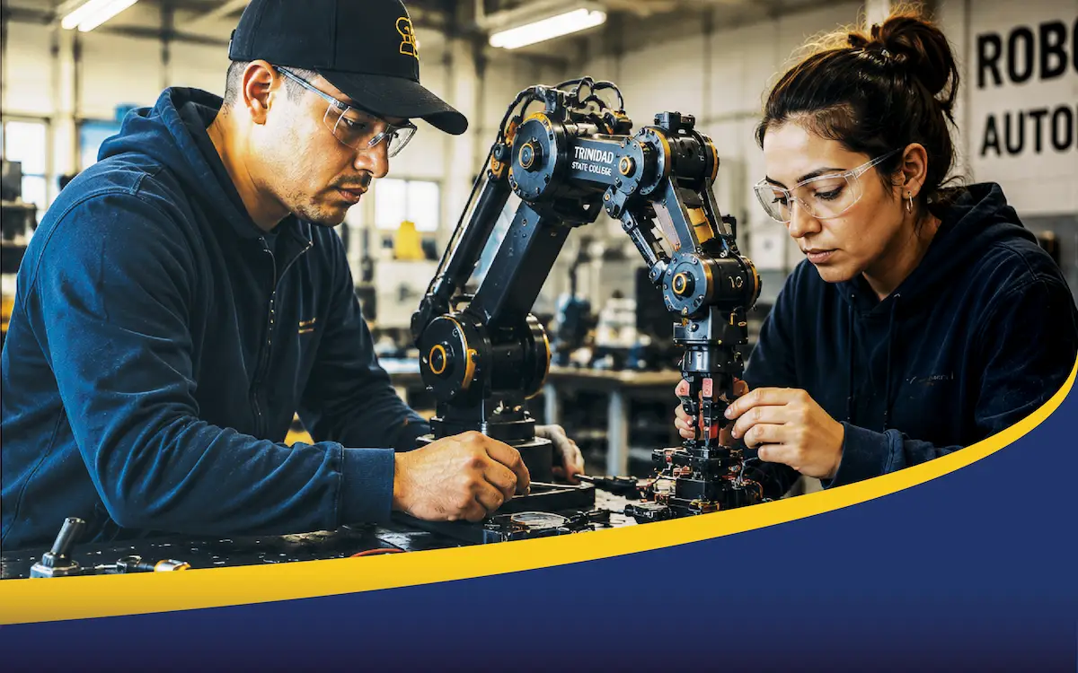 A man and a woman working on a robot arm.