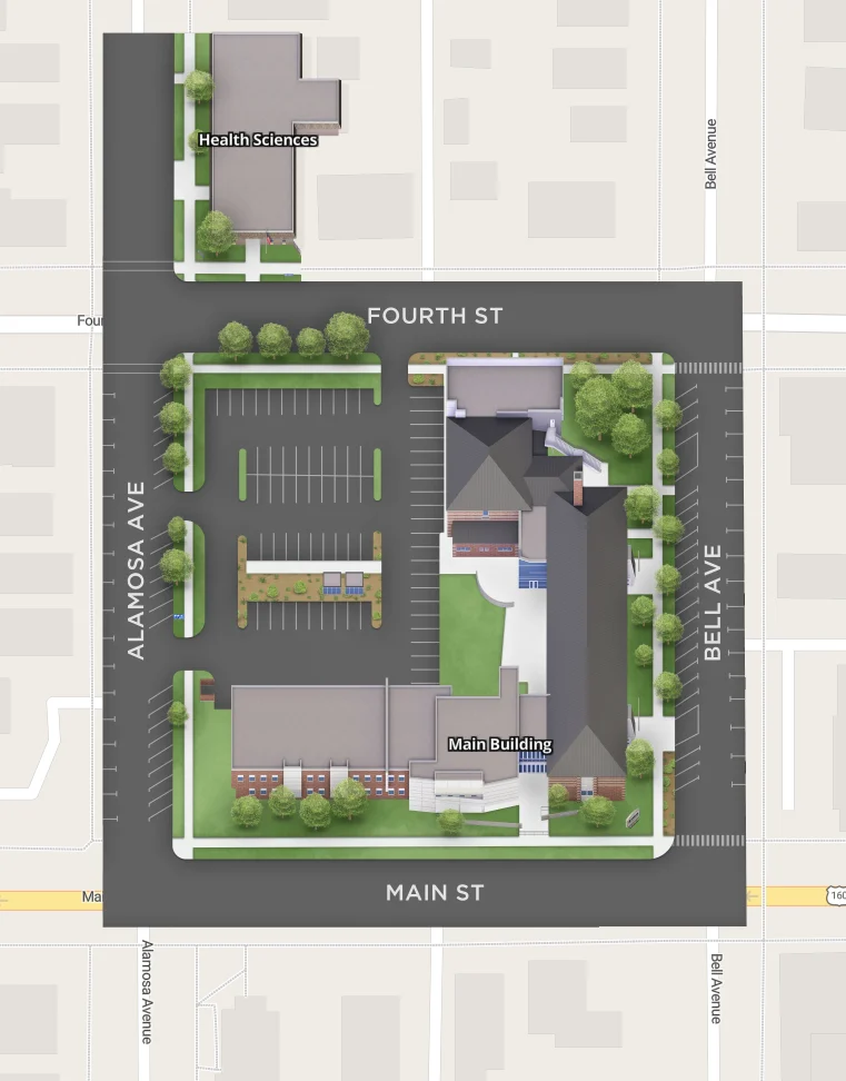 Illustrated overhead map of the Trinidad State College Valley campus