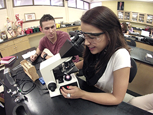 Student looking through a microscope image